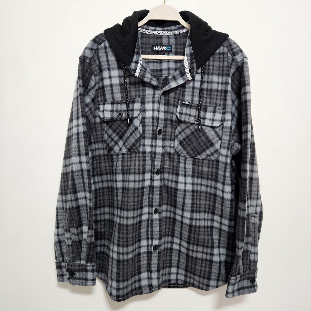Tony Hawk NWOT Mens Fleece Shirt Jacket Plaid Hooded Cozy Y2K 90s Style Gray 2X